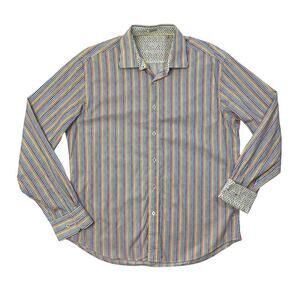 Bugatchi Uomo Shirt Mens L Large Rainbow Striped Cotton Flip Cuff Shaped Fit